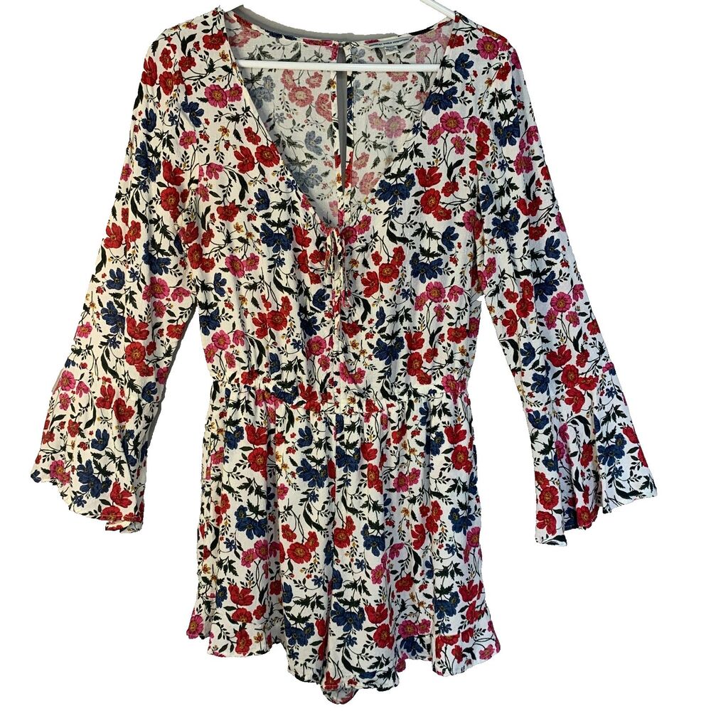 American Eagle Romper SZ LG Floral Long Sleeve Shorts Pockets Keyhole Back